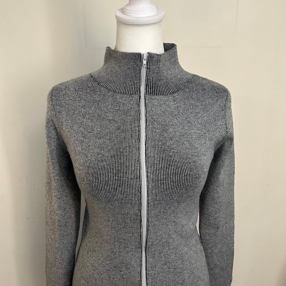 Womens Bodycon Mini Dress Zip Front Ribbed Knit Grey Long Sleeve Mock Neck